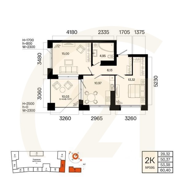 2-комн. квартира, 53,38 м²в ЖК «Первый остров»