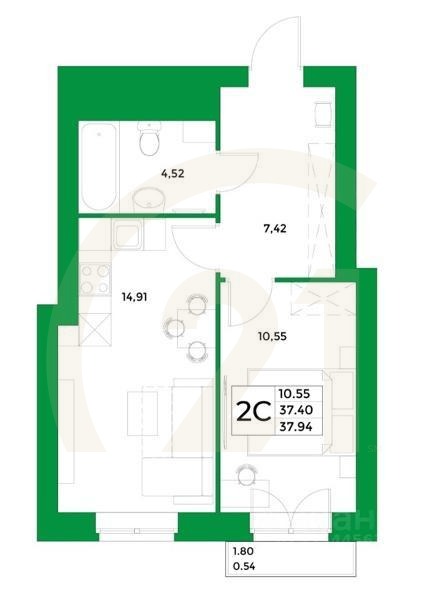 2-комн, 37,94 м²