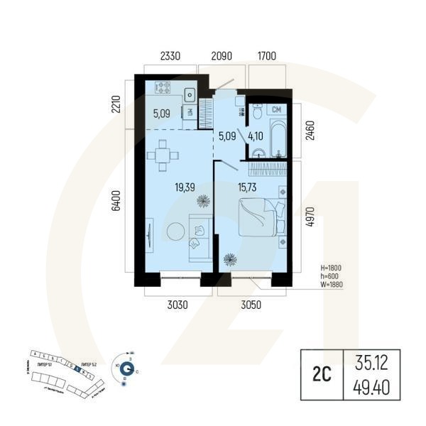 2-комн. квартира, 49,4 м²в ЖК «Новатор»