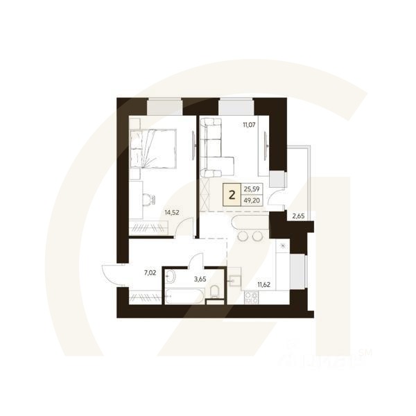 2-комн. квартира, 49,13 м²в ЖК «MATUR»