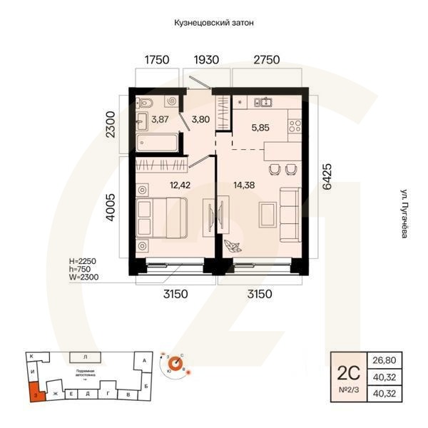 2-комн. квартира, 40,32 м²в ЖК «Первый остров»