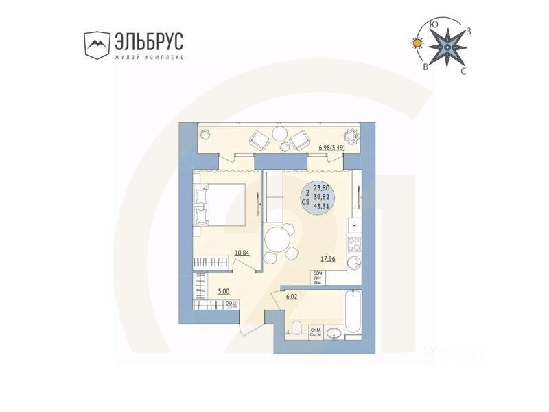 2-комн. квартира, 43,31 м²в ЖК «Эльбрус»