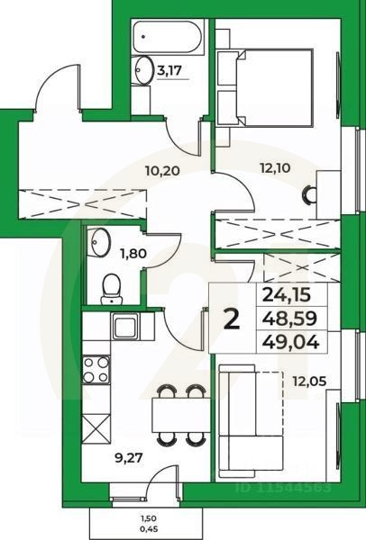 2-комн. квартира, 49,04 м²