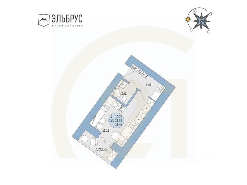 1-комн, 25,46 м²в ЖК «Эльбрус»