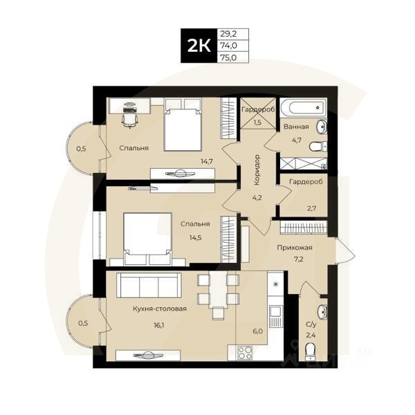2-комн. квартира, 74 м²в ЖК «Ленинские высотки»