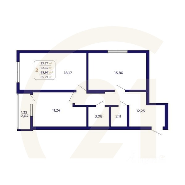 2-комн. квартира, 63,97 м²в ЖК «Паруса»