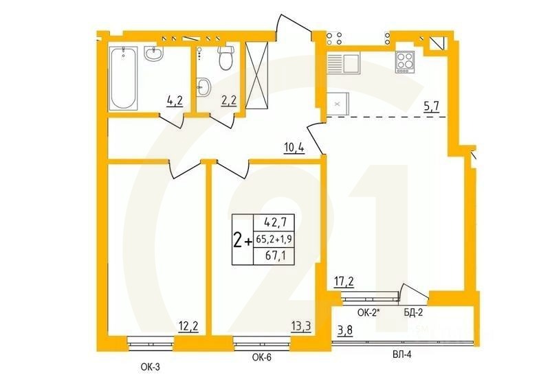 2-комн. квартира, 67,1 м²