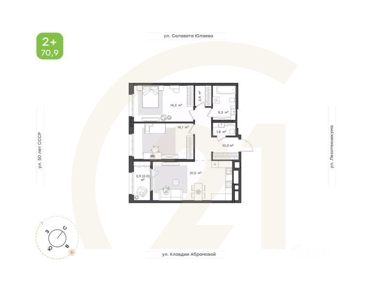 2-комн. квартира, 70,9 м²в ЖК «Бионика Парк»