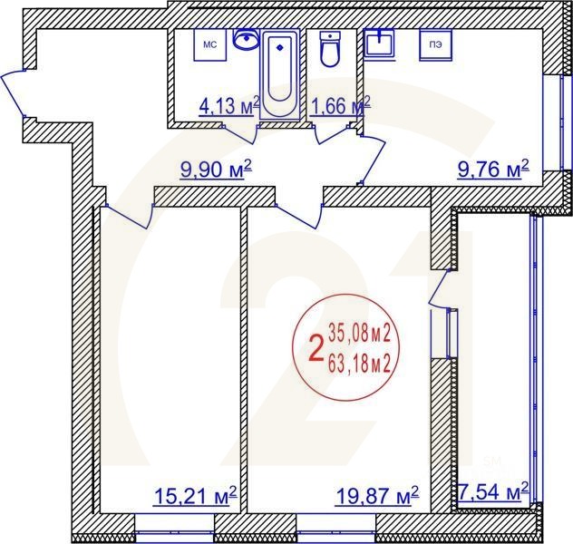 2-комн. квартира, 63,18 м²в ЖК «Семейный»
