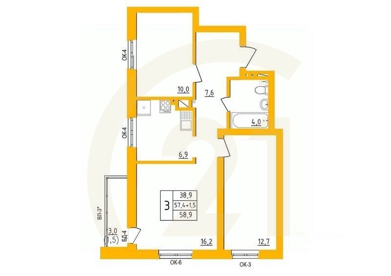 3-комн. квартира, 58,8 м²