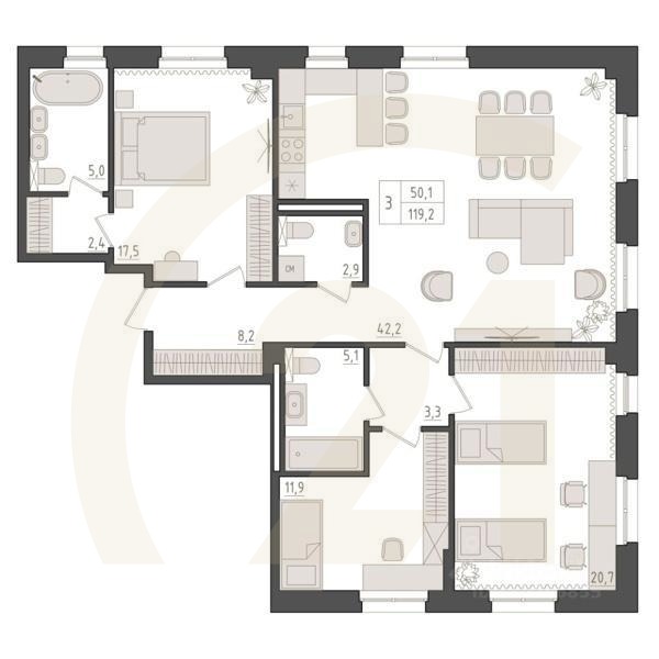 3-комн. квартира, 119,2 м²в ЖК «Новый Империал»