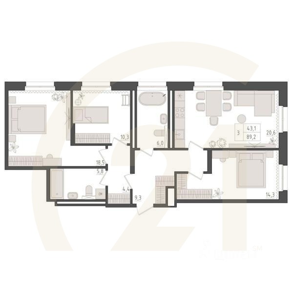 3-комн. квартира, 89,2 м²в ЖК «Новый Империал»