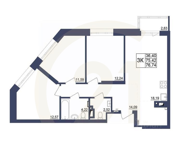 3-комн. квартира, 76,74 м²в ЖК «Космос»