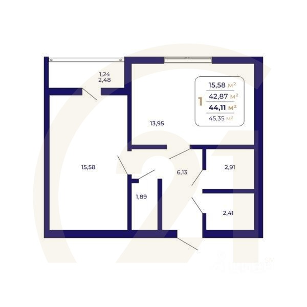 1-комн. квартира, 44,11 м²в ЖК «Паруса»