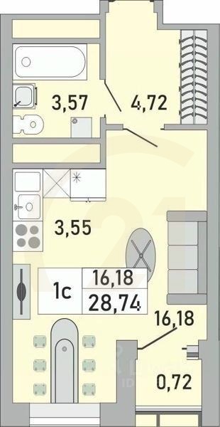 1-комн. квартира, 28,74 м²в ЖК «Платинум»