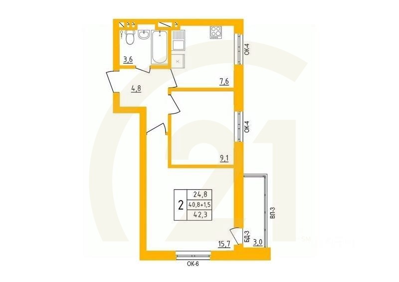 2-комн, 22,2 м²
