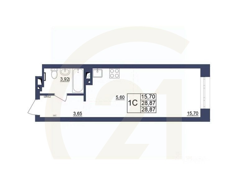 1-комн, 28,87 м²в ЖК «Космос»