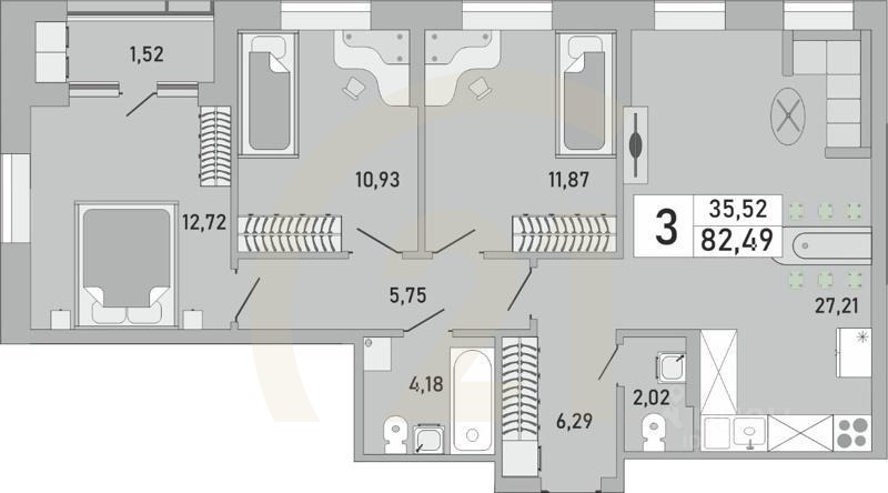 3-комн. квартира, 82,49 м²в ЖК «Платинум»