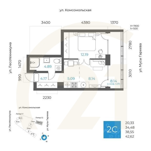 2-комн. квартира, 38,55 м²в ЖК «8 NEBO»
