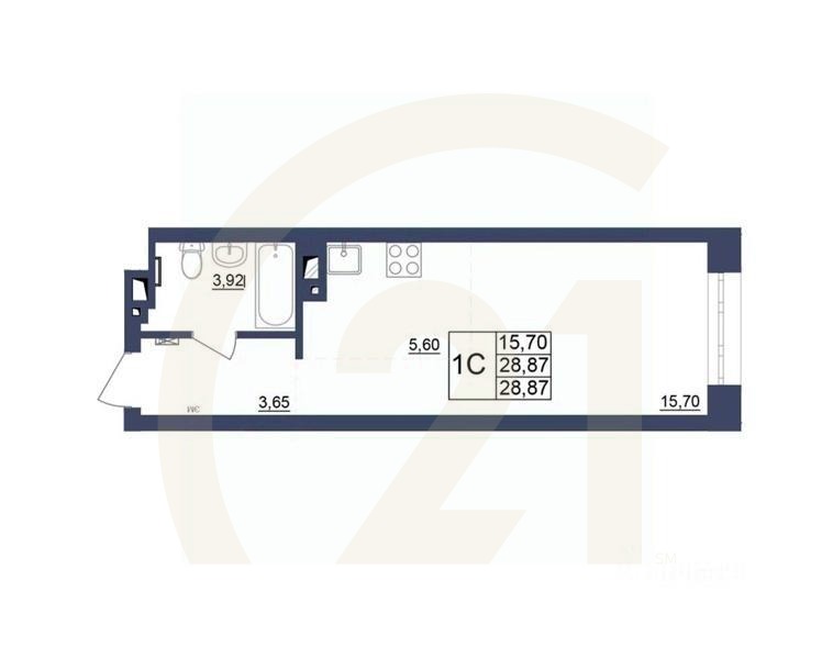 1-комн, 28,87 м²в ЖК «Космос»