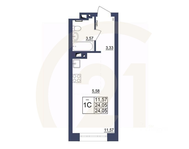 1-комн, 24,73 м²в ЖК «Космос»