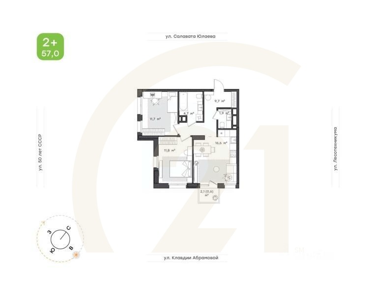 2-комн. квартира, 57 м²в ЖК «Бионика Парк»