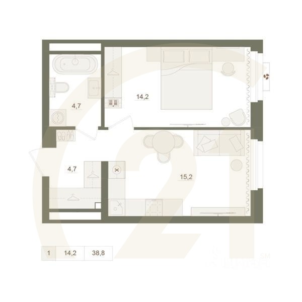 1-комн. квартира, 38,8 м²в ЖК «Квартал «Родина Парк»