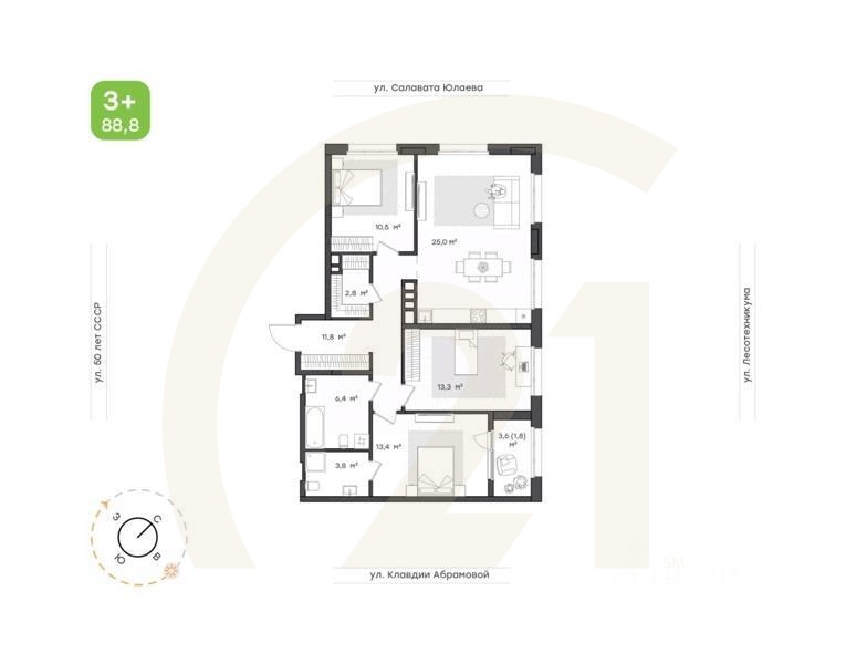 3-комн. квартира, 88,8 м²в ЖК «Бионика Парк»