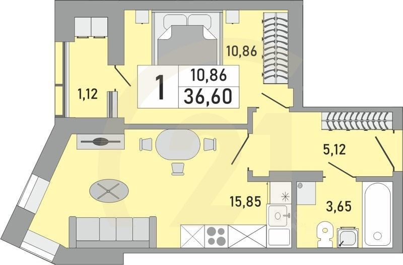 1-комн. квартира, 36,6 м²в ЖК «Платинум»