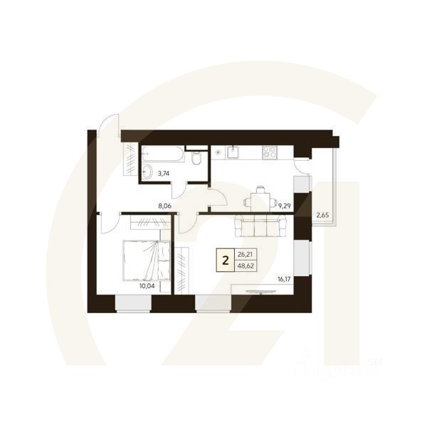 2-комн. квартира, 48,84 м²в ЖК «MATUR»