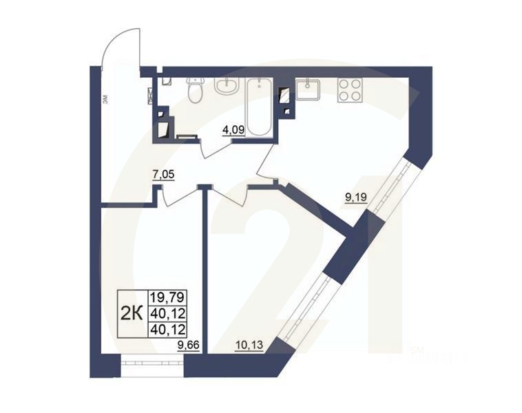 2-комн. квартира, 40,12 м²в ЖК «Космос»