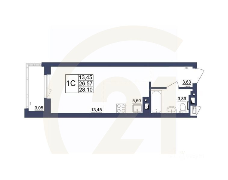 1-комн, 28,1 м²в ЖК «Космос»
