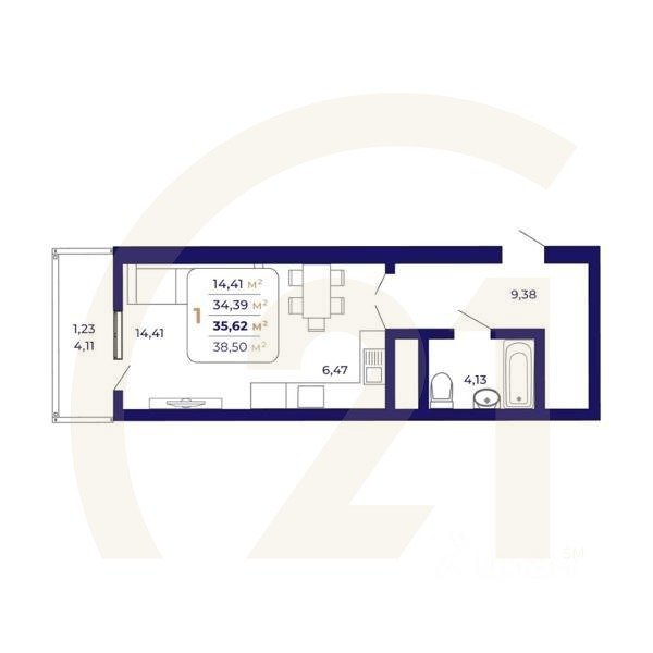 1-комн. квартира, 35,62 м²в ЖК «Паруса»