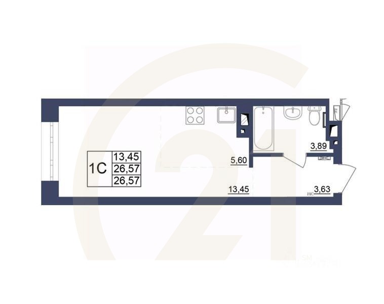 1-комн, 26,75 м²в ЖК «Космос»