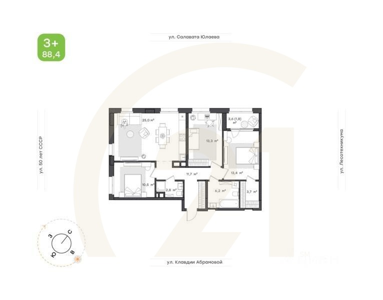 3-комн. квартира, 88,4 м²в ЖК «Бионика Парк»