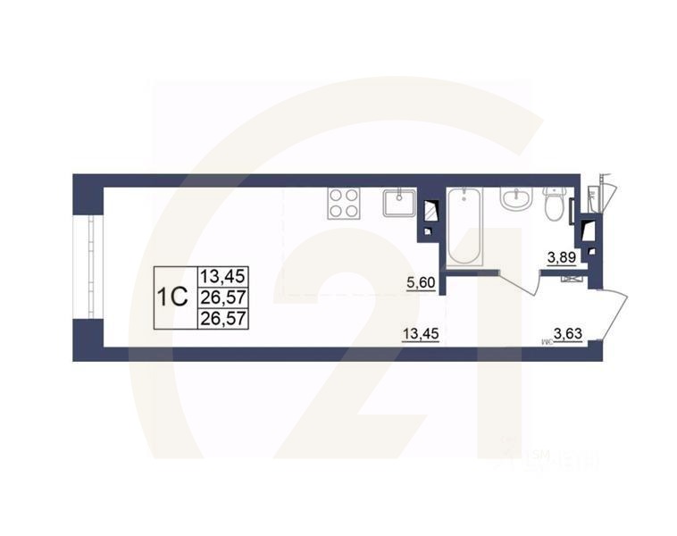 1-комн, 26,66 м²