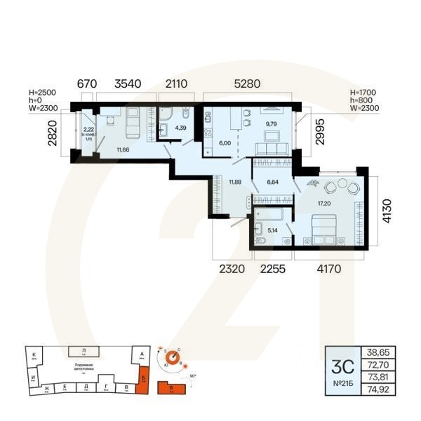 3-комн. квартира, 73,81 м²в ЖК «Первый остров»