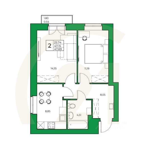 2-комн. квартира, 47,69 м²