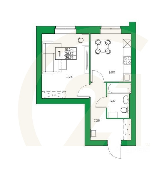 1-комн. квартира, 36,57 м²