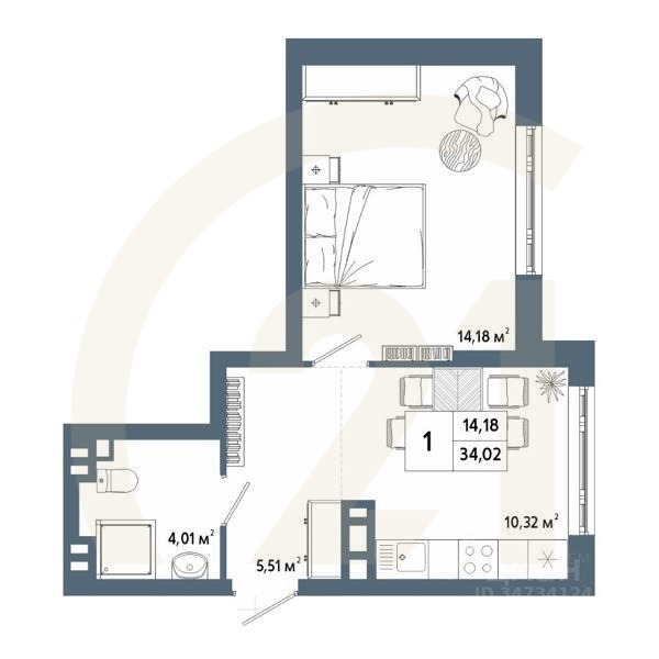 1-комн. квартира, 34,09 м²в ЖК «Крылья»