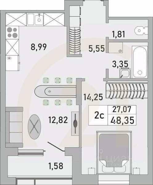 2-комн. квартира, 48,35 м²в ЖК «Платинум»