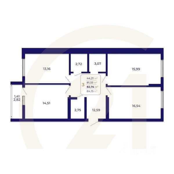 3-комн. квартира, 82,74 м²в ЖК «Паруса»