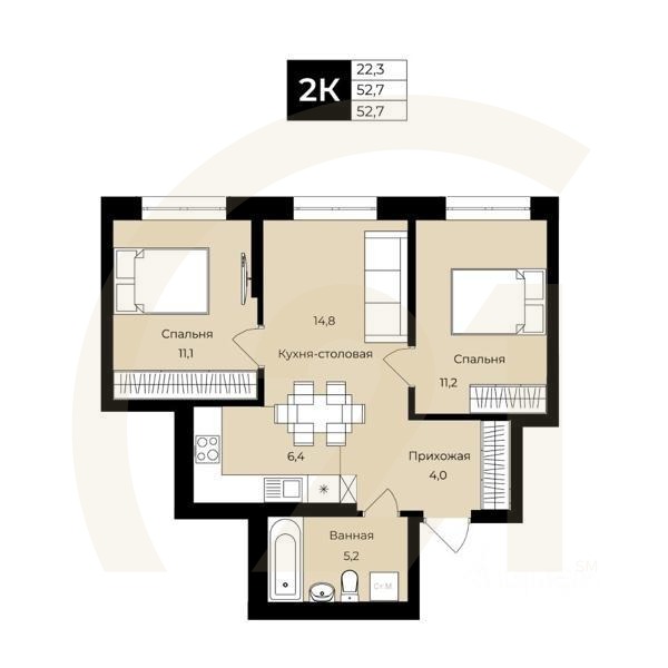 2-комн. квартира, 52,7 м²