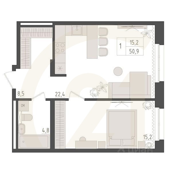 1-комн. квартира, 50,9 м²в ЖК «Новый Империал»