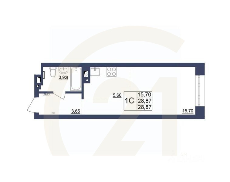 1-комн, 28,96 м²в ЖК «Космос»