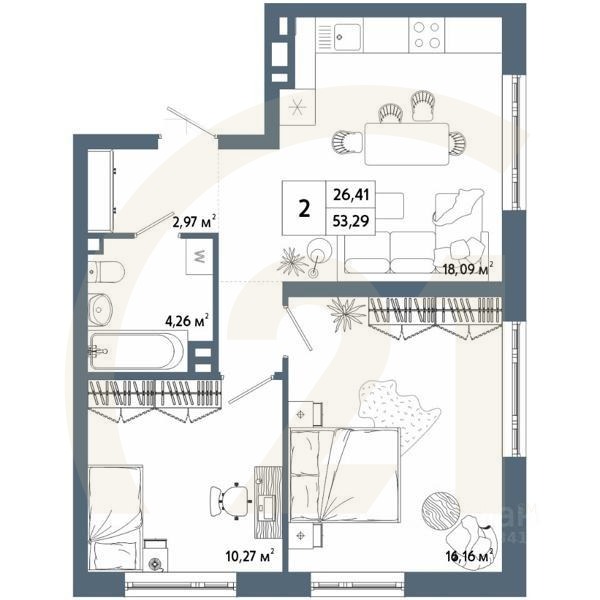 2-комн. квартира, 53,43 м²в ЖК «Крылья»