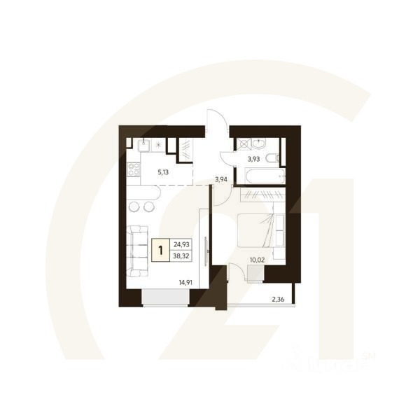 1-комн. квартира, 38,36 м²в ЖК «MATUR»