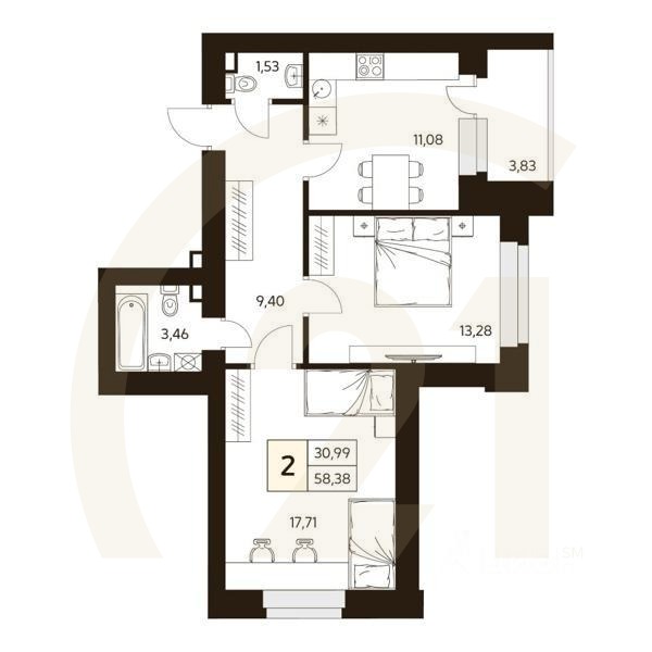 2-комн. квартира, 61,64 м²в ЖК «MATUR»