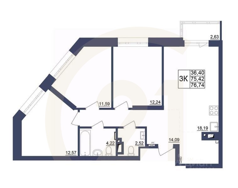 3-комн. квартира, 76,64 м²
