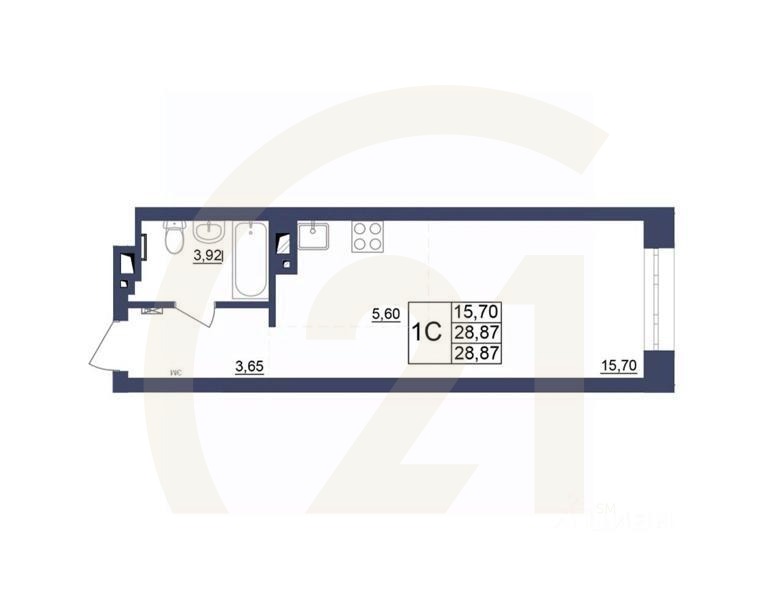 1-комн, 28,69 м²в ЖК «Космос»